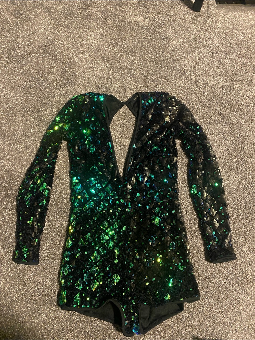 Black and Iridescent Green Sequin Long Sleeve Romper